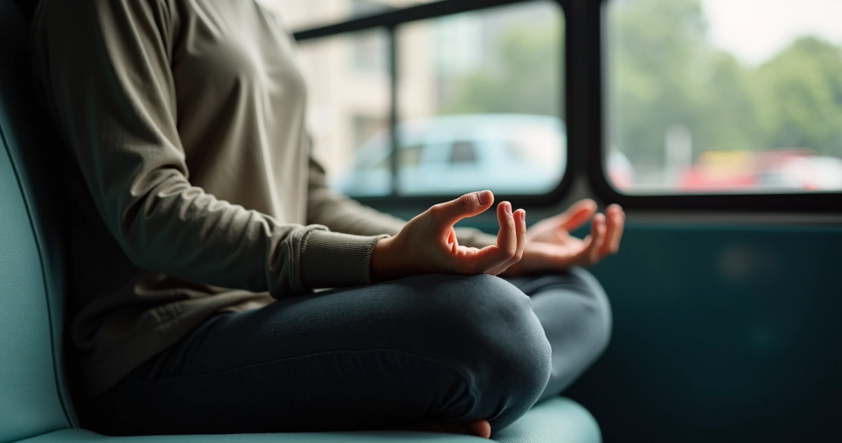 Mãos apoiadas no colo durante meditação no ônibus