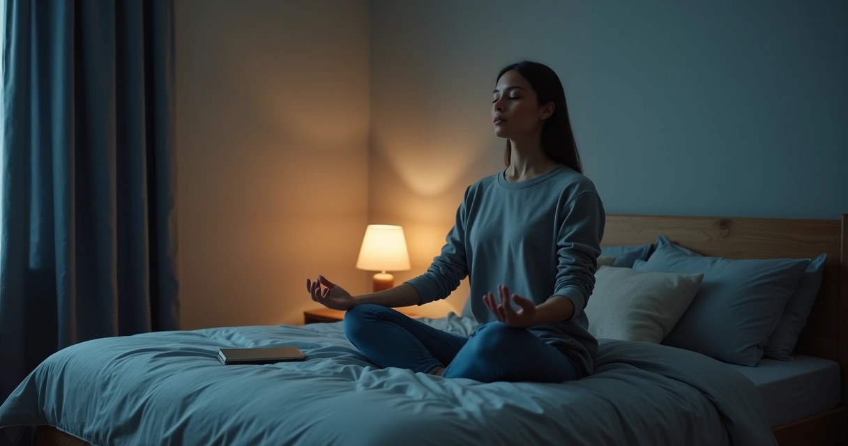 Pessoa sentada na cama praticando respiração consciente no quarto 