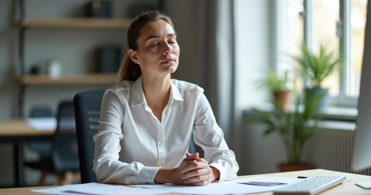 Pessoa sentada em mesa de escritório com olhos fechados e respirando fundo