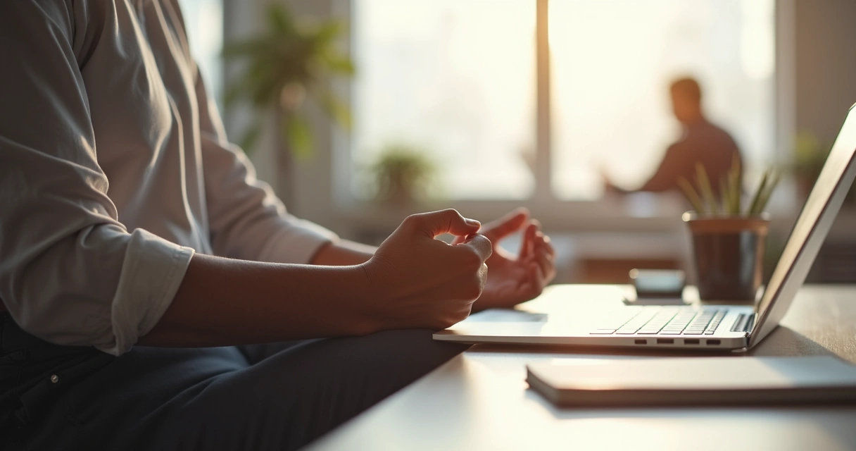 Pessoa fazendo respiração consciente no trabalho