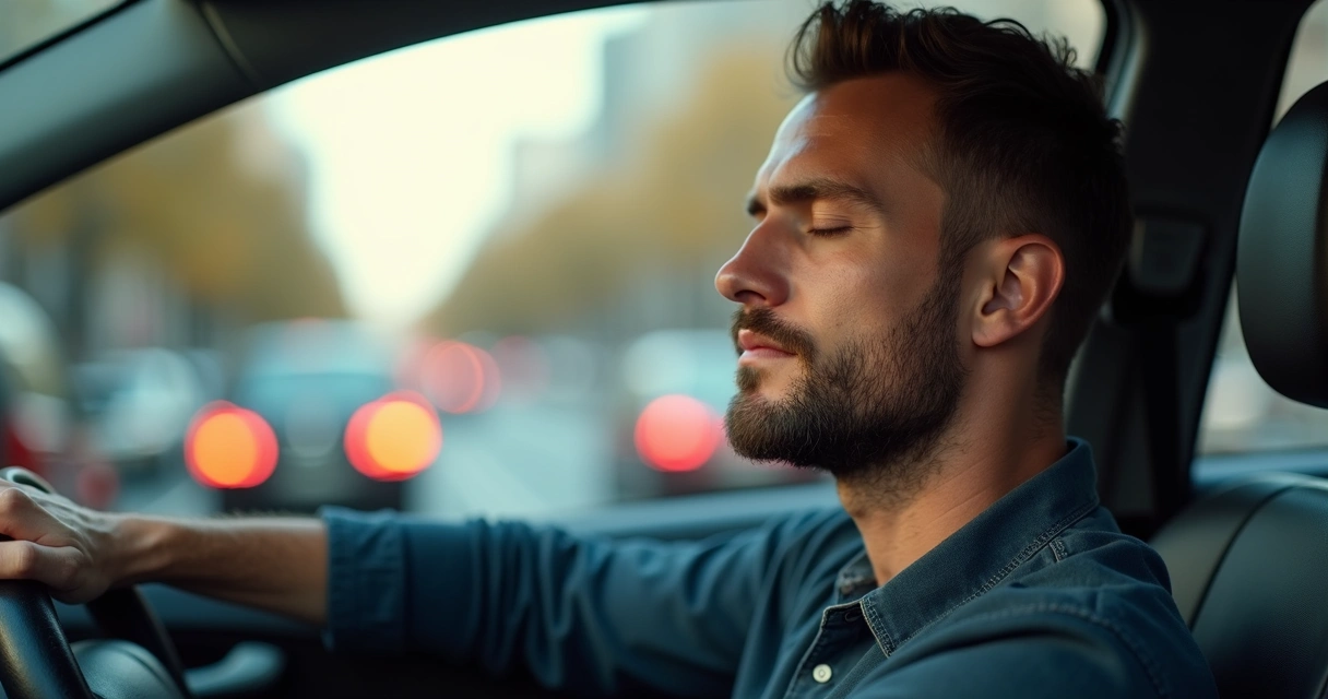 Homem parado no carro, respirando profundamente, trânsito ao fundo. 