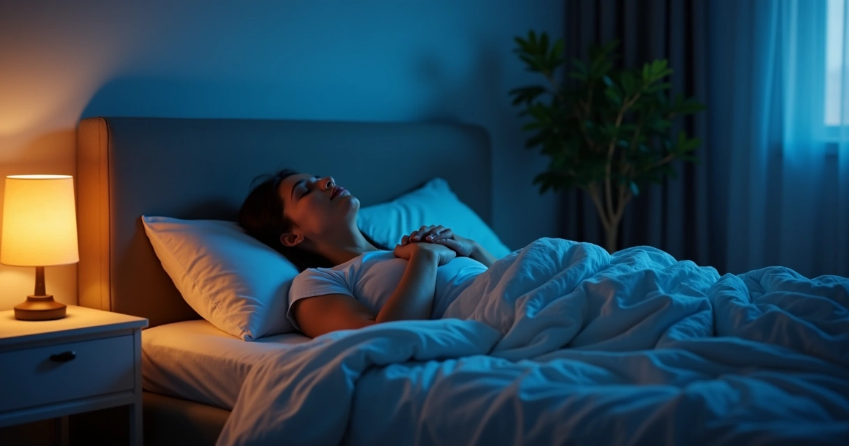 Pessoa deitada praticando respiração tranquila em quarto com luz suave