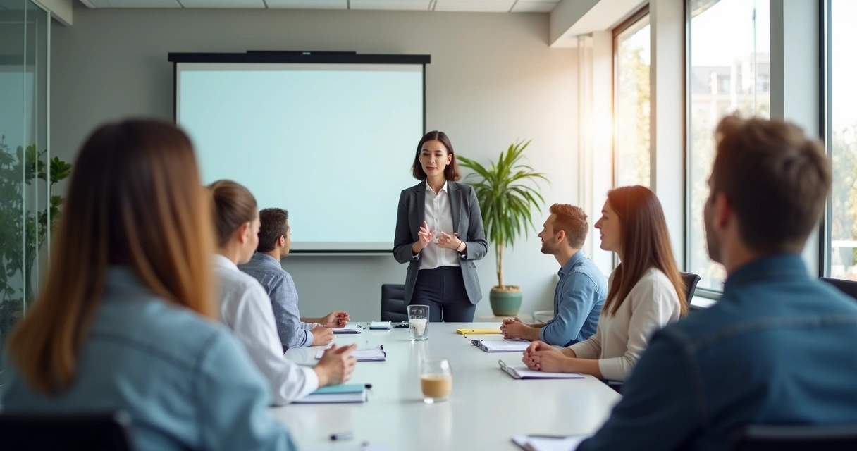 Grupo em onboarding praticando respiração guiada em sala corporativa