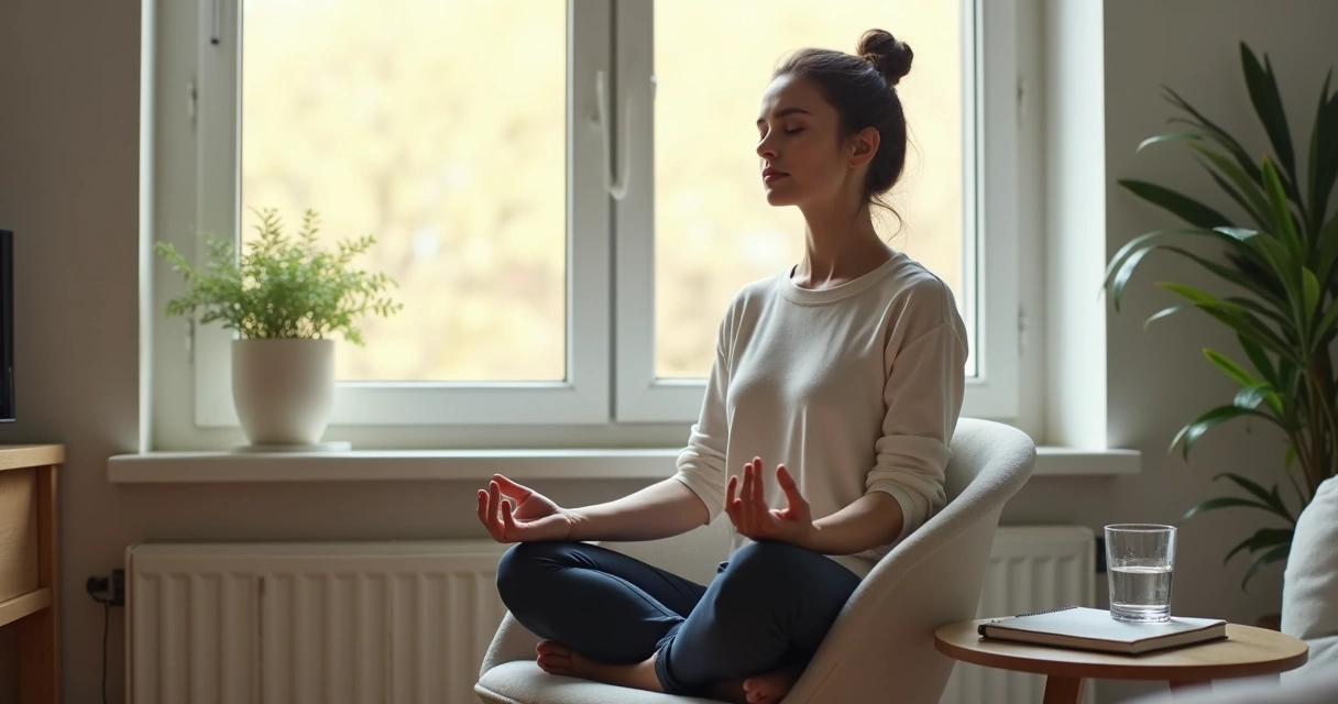 Pessoa sentada praticando respiração consciente em ambiente claro