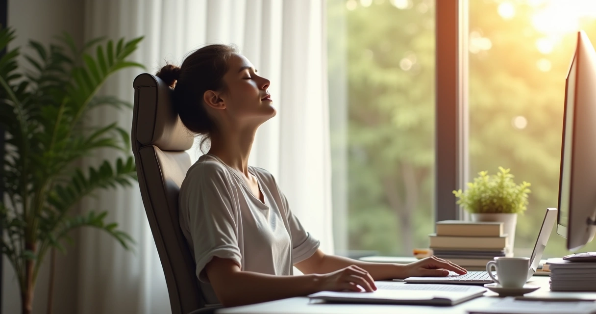 Pessoa em mesa de escritório inclinada para trás, olhos fechados e respirando fundo