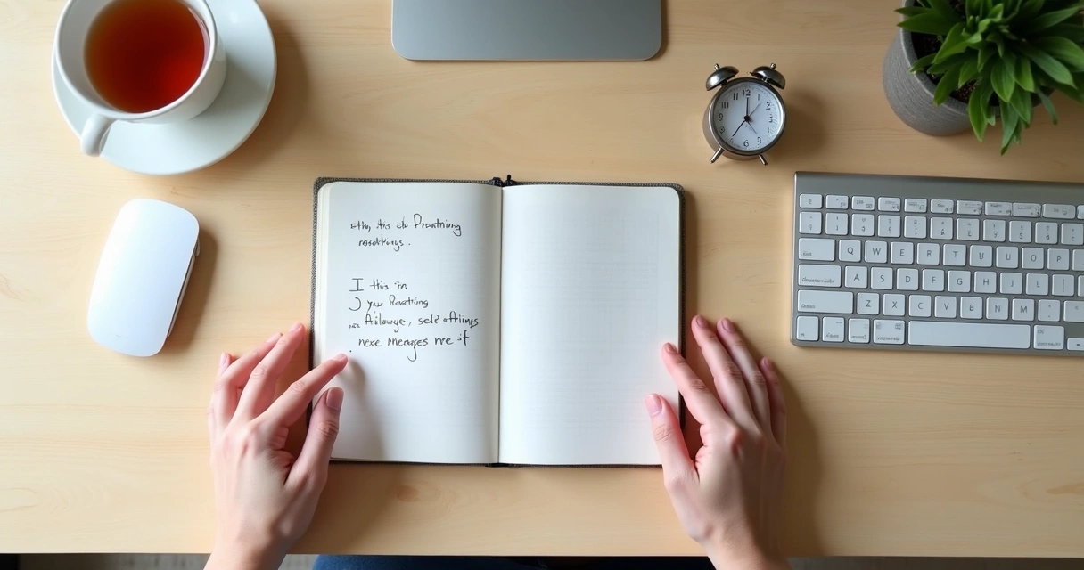 Mesa de trabalho com caderno, relógio e momento de pausa para respiração