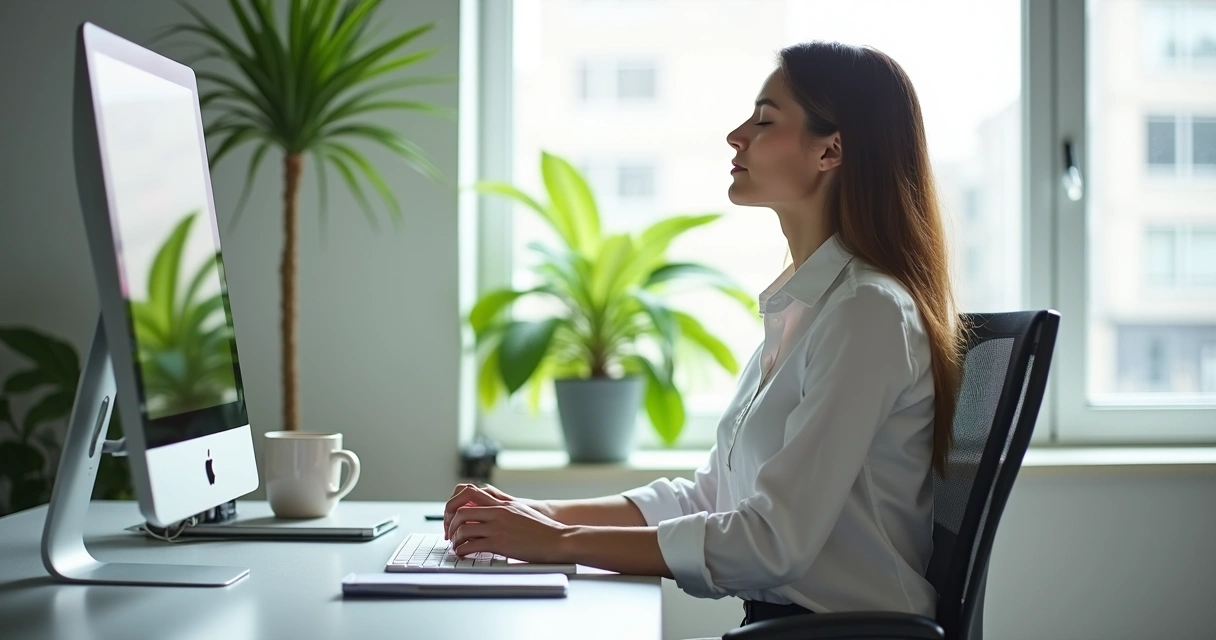 Profissional fazendo pausa de respiração na mesa de trabalho