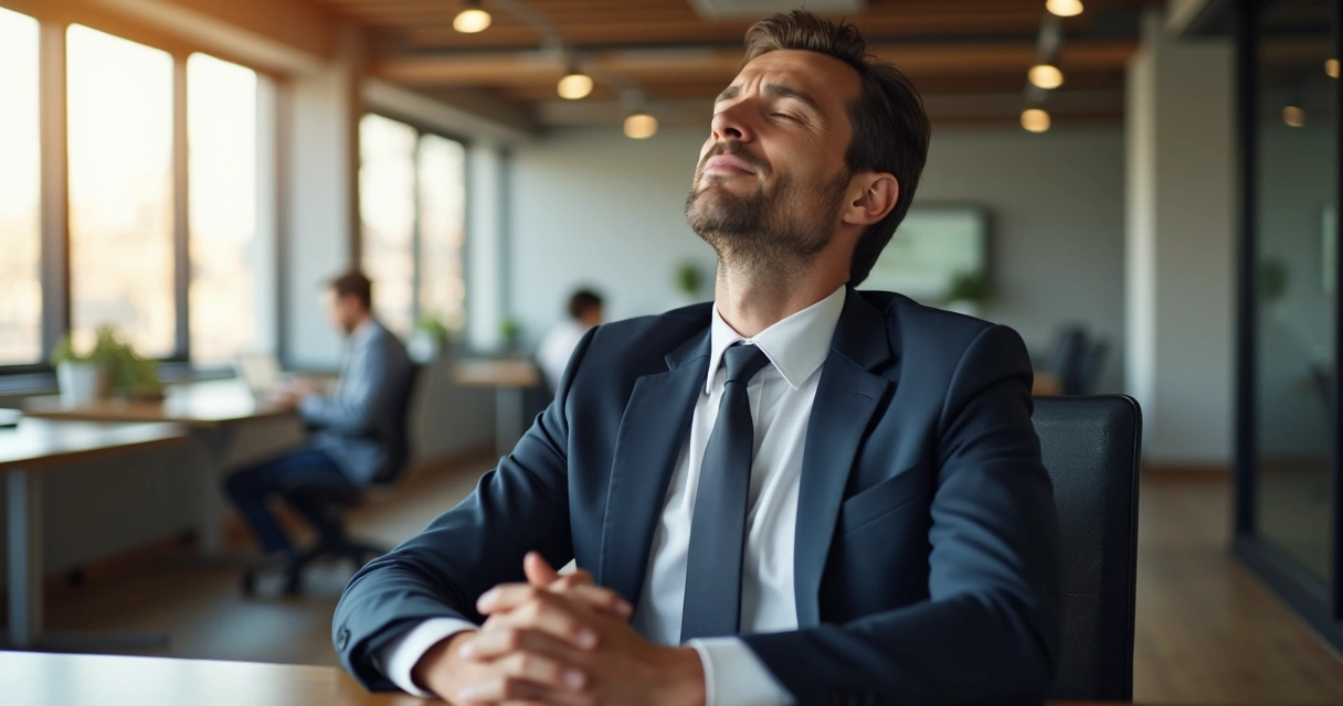 Pessoa de terno respirando fundo com olhos fechados na mesa do escritório 