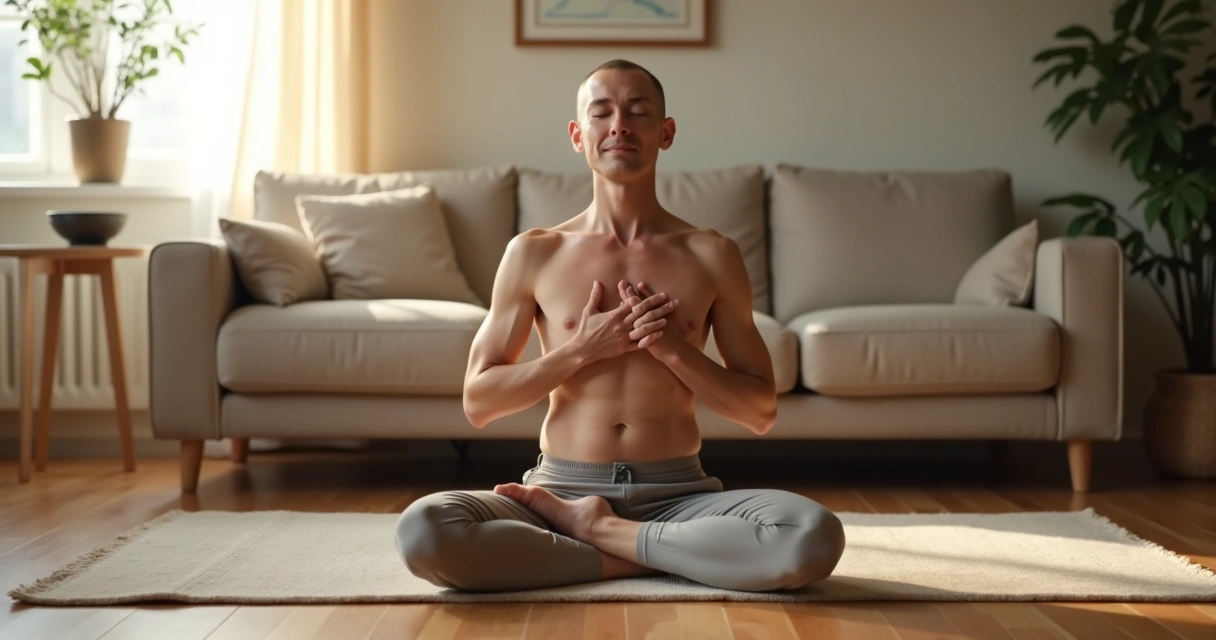 Pessoa sentada em casa com postura ereta e respirando conscientemente 