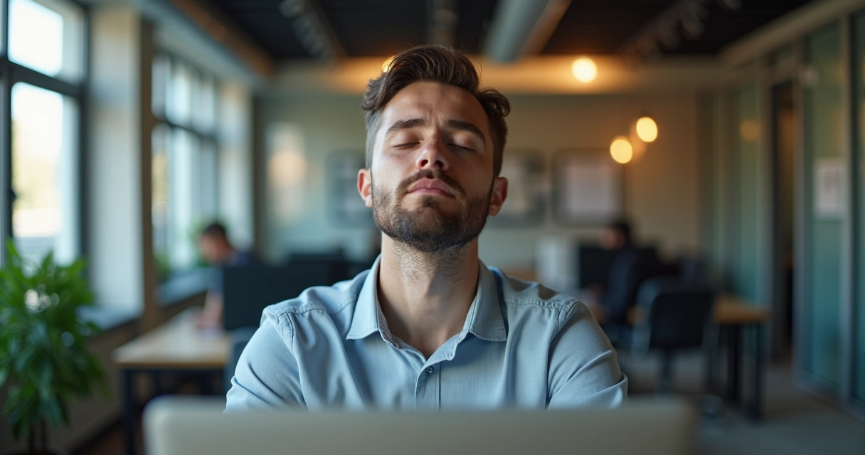 Homem respirando fundo em local de trabalho, olhos fechados 