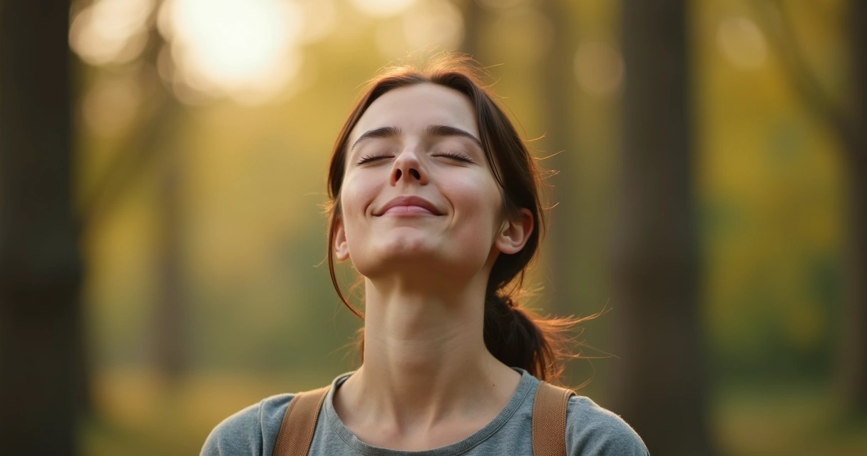 Pessoa de olhos fechados em uma respiração profunda ao ar livre 