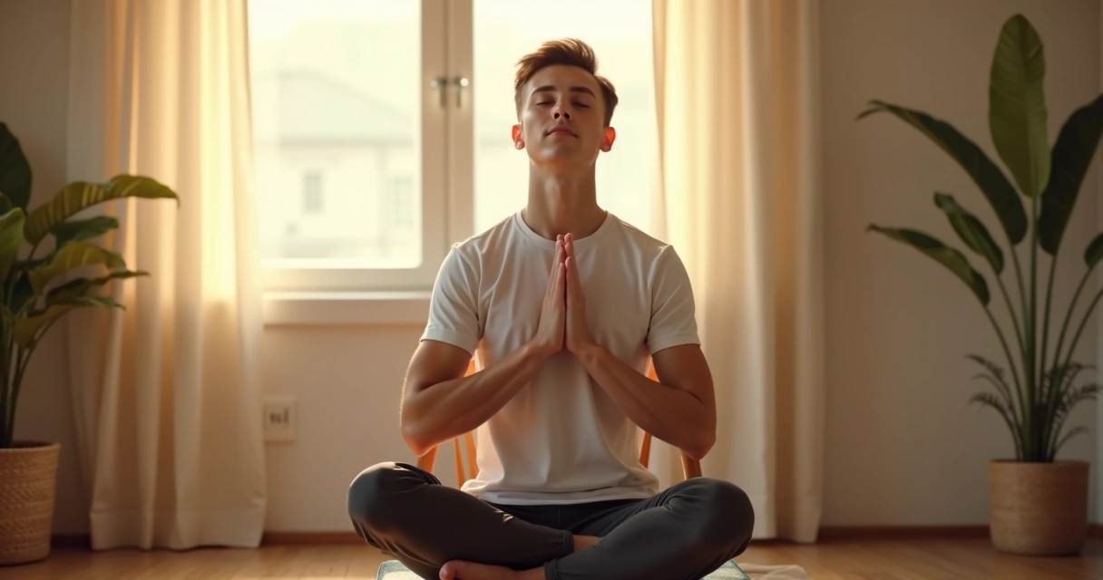 Pessoa de olhos fechados praticando respiração profunda sentado em cadeira 