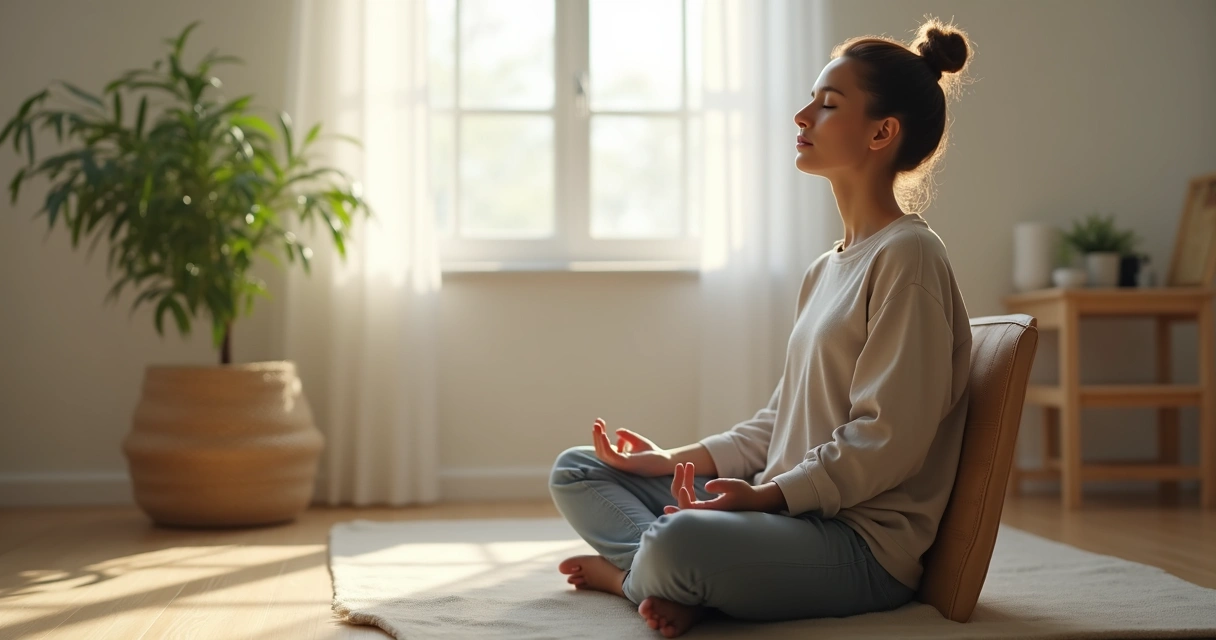 Pessoa praticando respiração consciente em ambiente tranquilo 