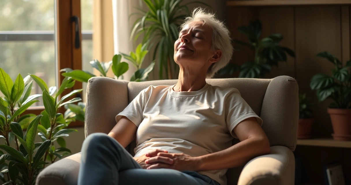 Pessoa com postura relaxada, sentado na poltrona, praticando respiração profunda.