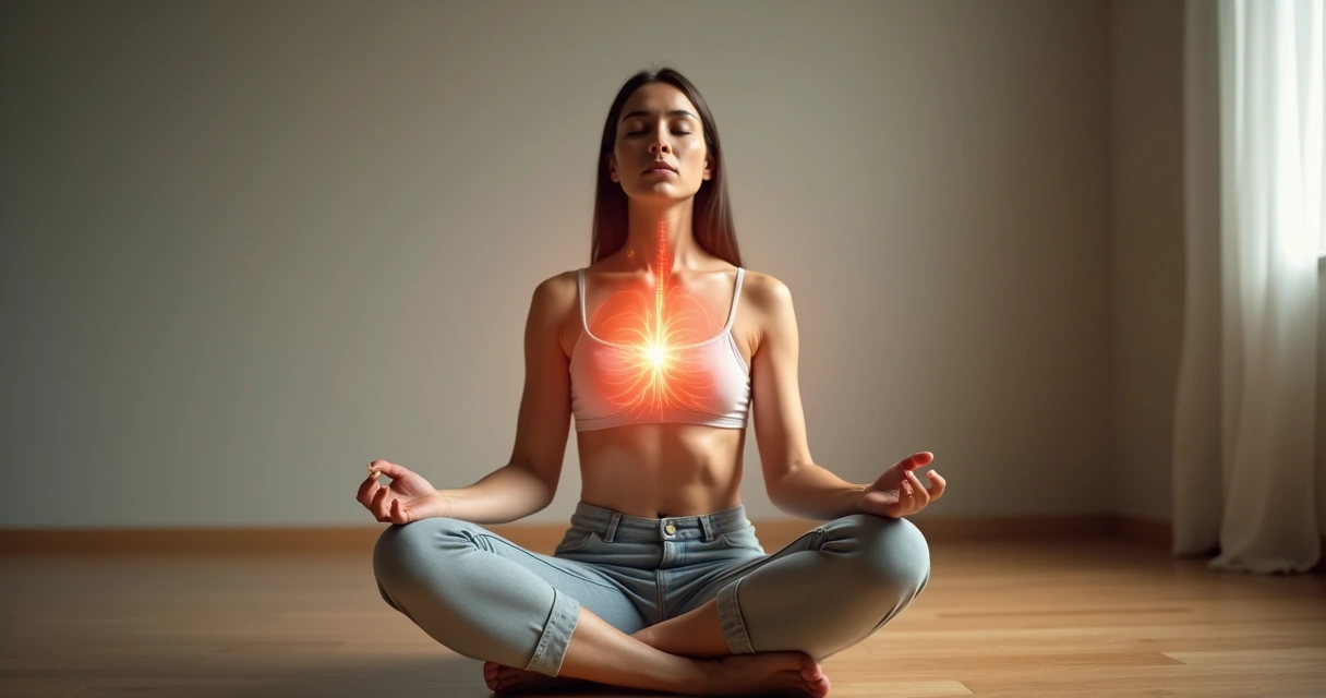 Pessoa sentada com olhos fechados praticando respiração profunda 