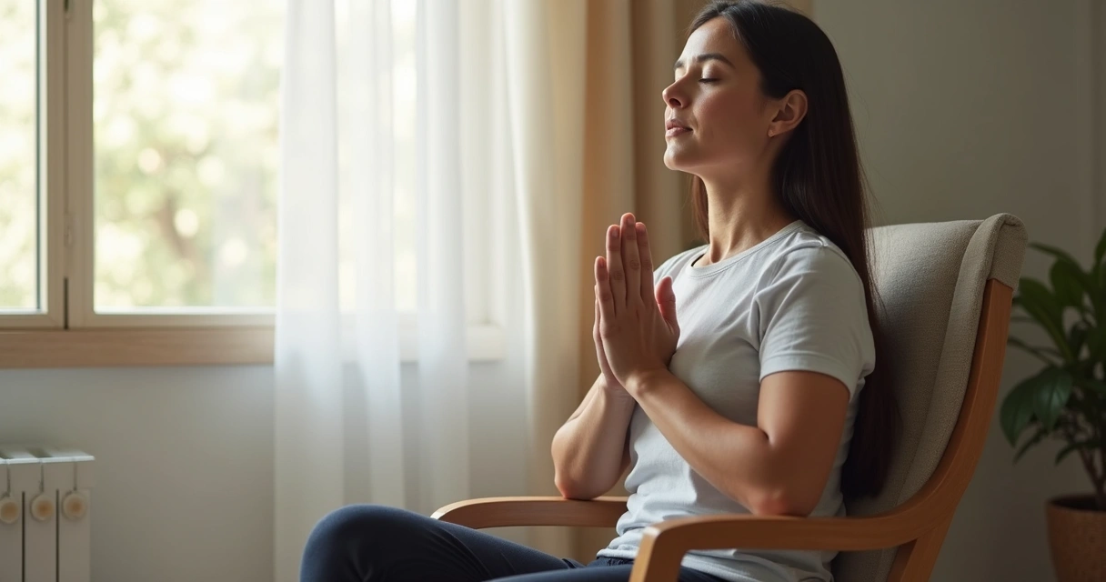 Pessoa sentada em uma cadeira, olhos fechados, respirando fundo com expressão calma, em ambiente iluminado. 