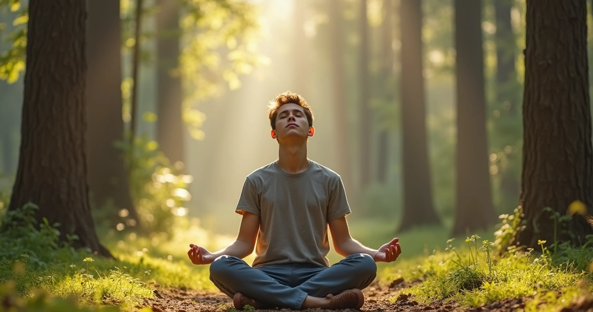 Pessoa sentada ao ar livre respirando profundamente entre árvores