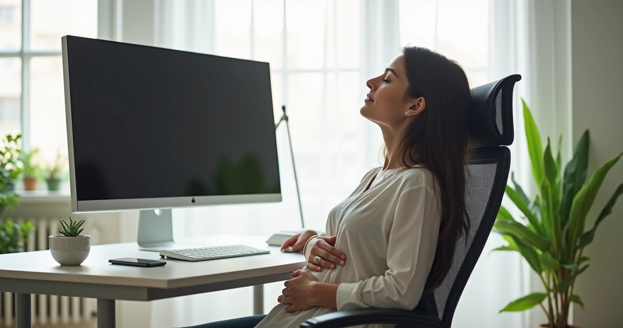 Pessoa sentada em cadeira de escritório fazendo pausa e respirando profundamente diante do computador 