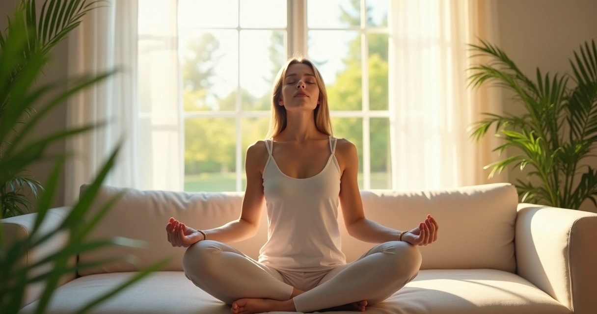 Pessoa sentada, olhos fechados, praticando respiração profunda 