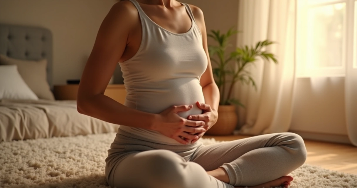 Pessoa praticando respiração profunda sentada em ambiente acolhedor, luz difusa, mãos no abdômen 