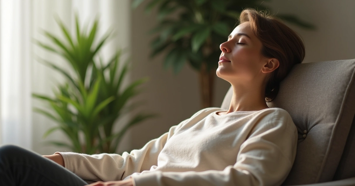 Pessoa sentada em cadeira, olhos fechados, respirando fundo em sala de estar tranquila com luz suave e plantas 