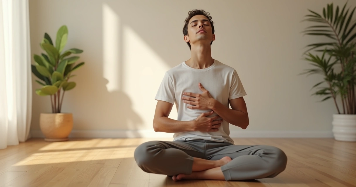 Pessoa sentada praticando respiração profunda com olhos fechados