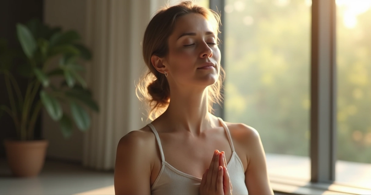 Pessoa sentada em silêncio fazendo respiração profunda com postura ereta, olhos fechados e expressão serena 