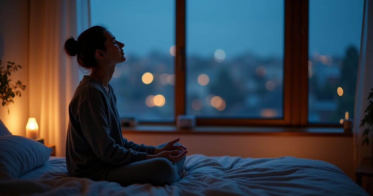 Pessoa sentada de olhos fechados em ambiente tranquilo, com respiração profunda, à noite 