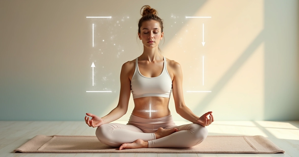 Mulher em ambiente tranquilo praticando respiração quadrada, olhos fechados, mãos sobre o abdômen, cores suaves ao redor