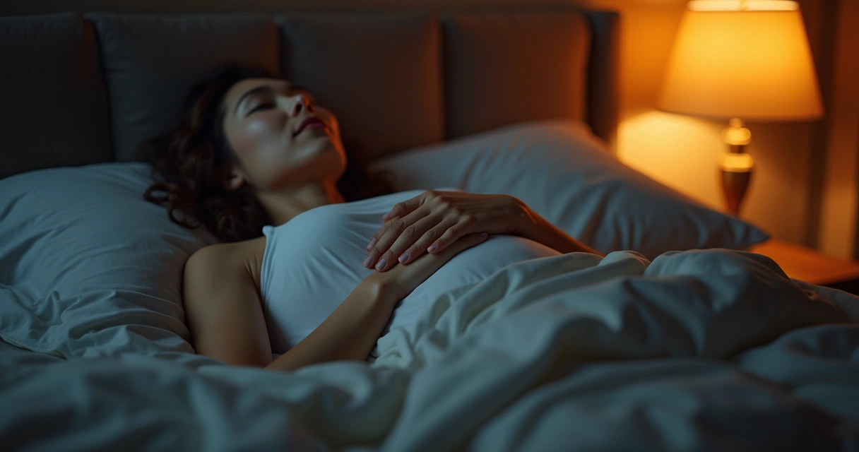 Pessoa deitada respirando com tranquilidade em ambiente escuro e aconchegante
