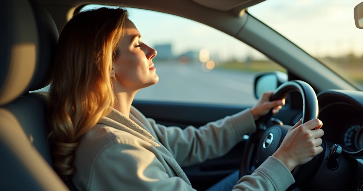Motorista praticando respiração profunda no carro 