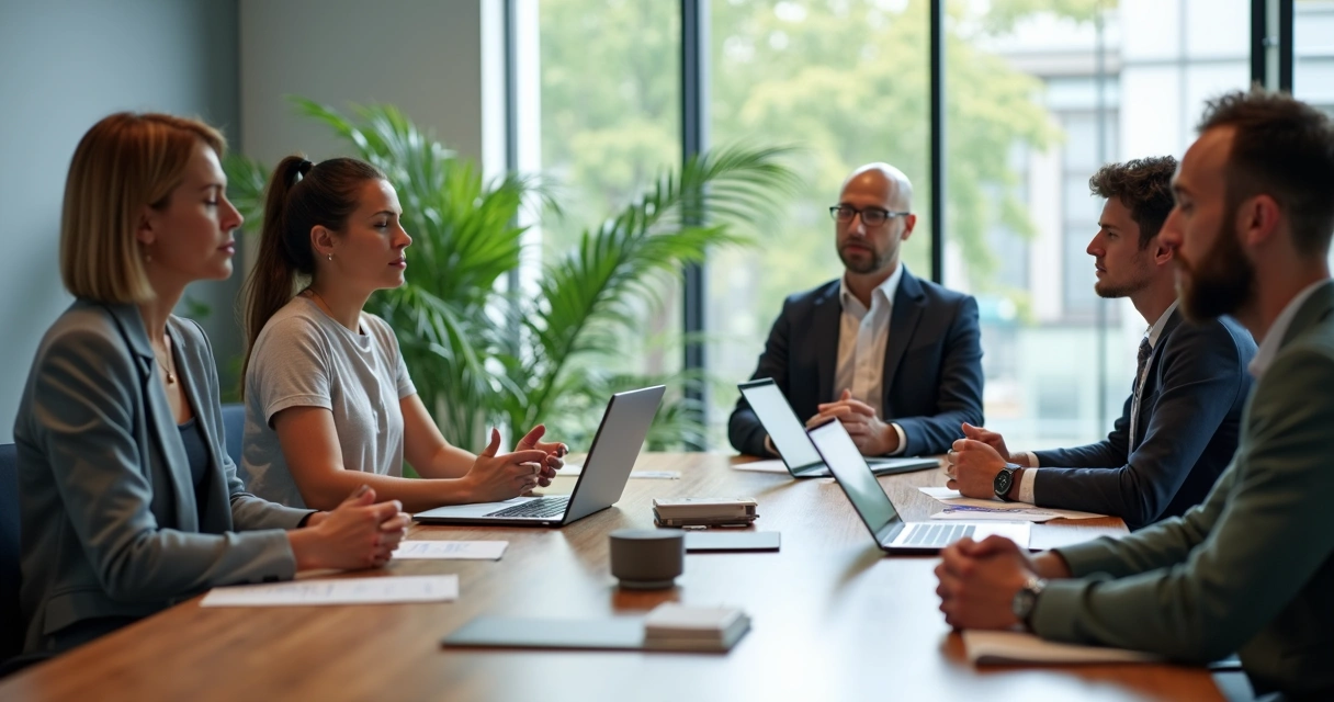 Equipe corporativa praticando breve respiração antes de reunião 