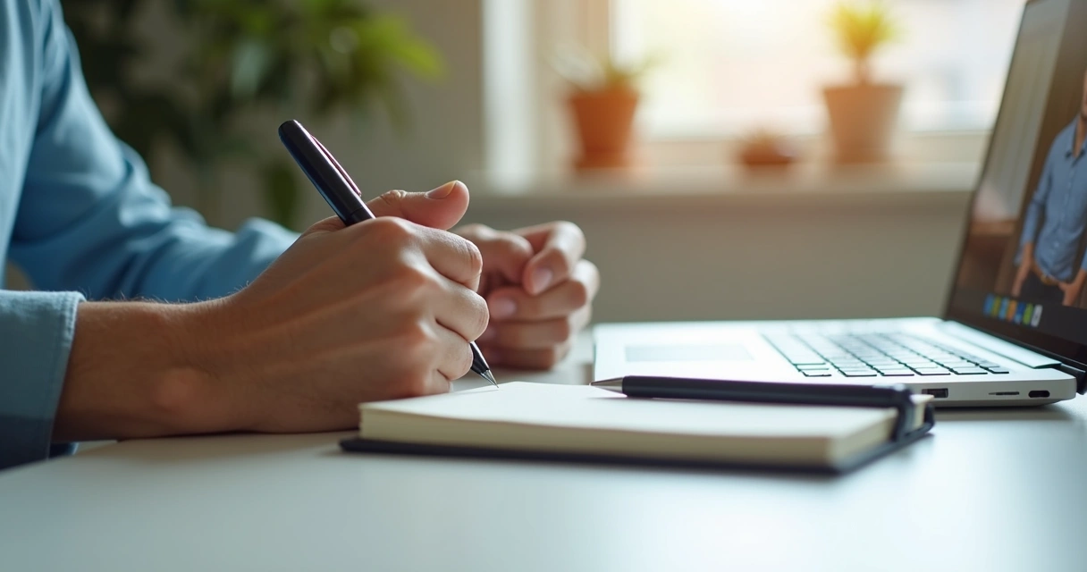 Detalhe de mãos e caderno durante pausa em reunião virtual
