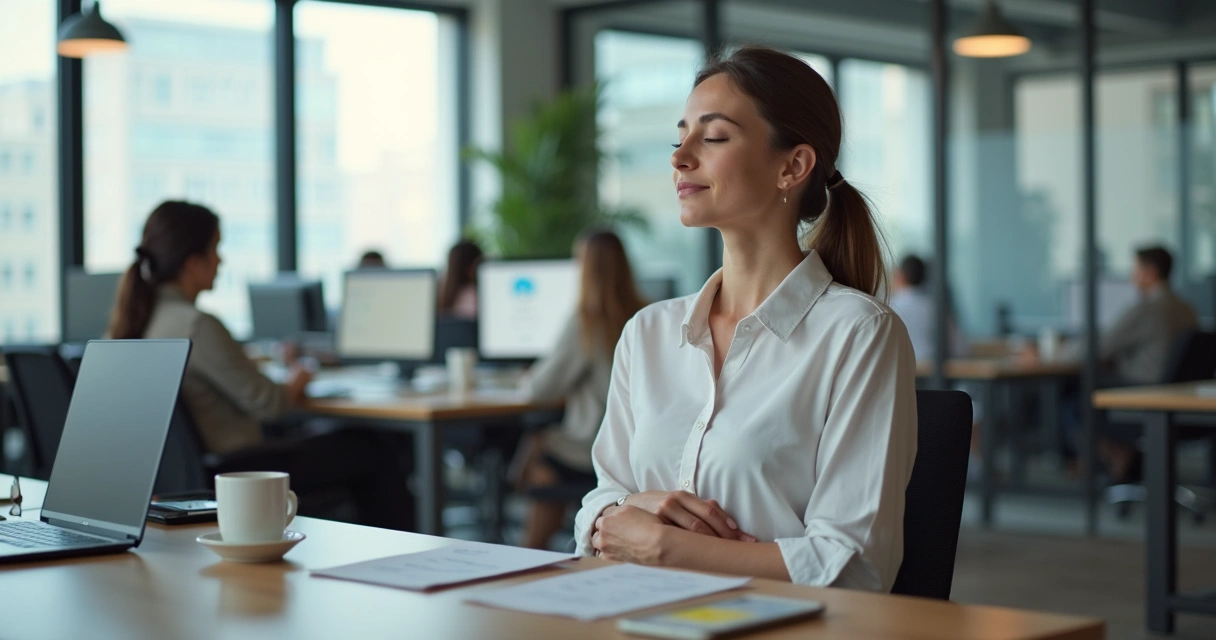Mulher sentada em escritório movimentado fazendo respiração profunda consciente 