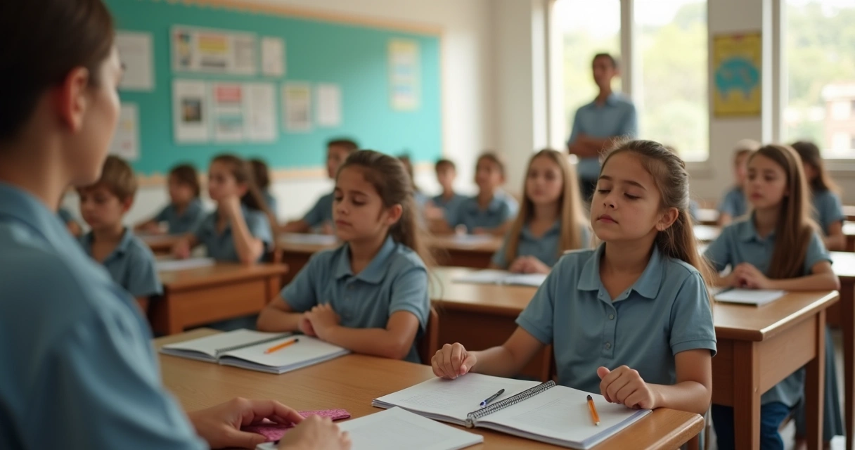 Turma em sala de aula fazendo respiração guiada com professora 