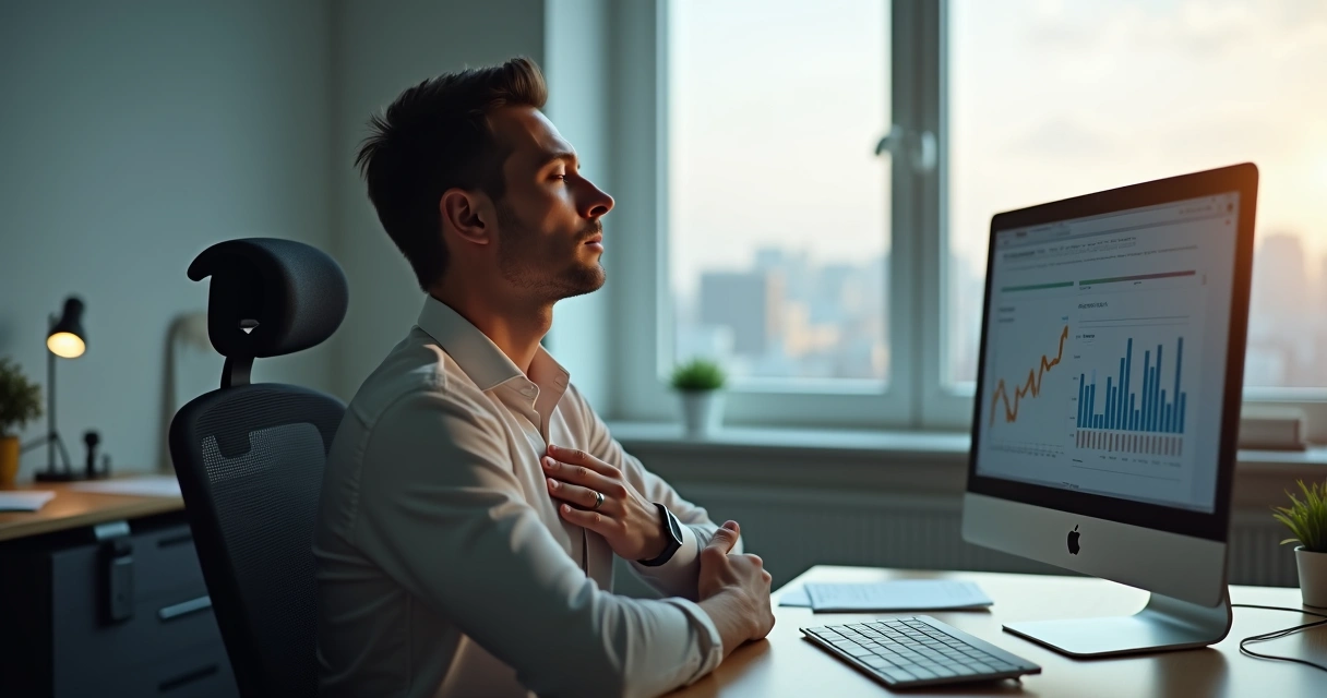 Pessoa sentada em mesa de escritório, com respiração profunda, mãos apoiadas sobre o peito, tela de computador ao fundo mostrada de lado 