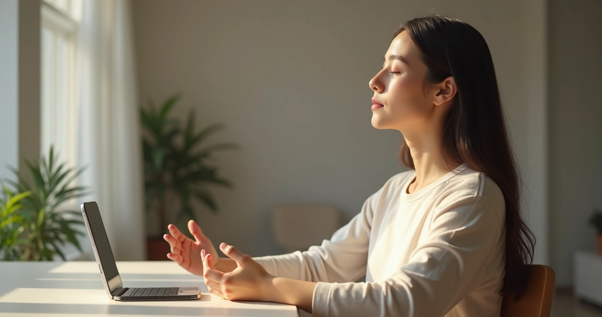 Persona respirando con el móvil a un lado sobre una mesa