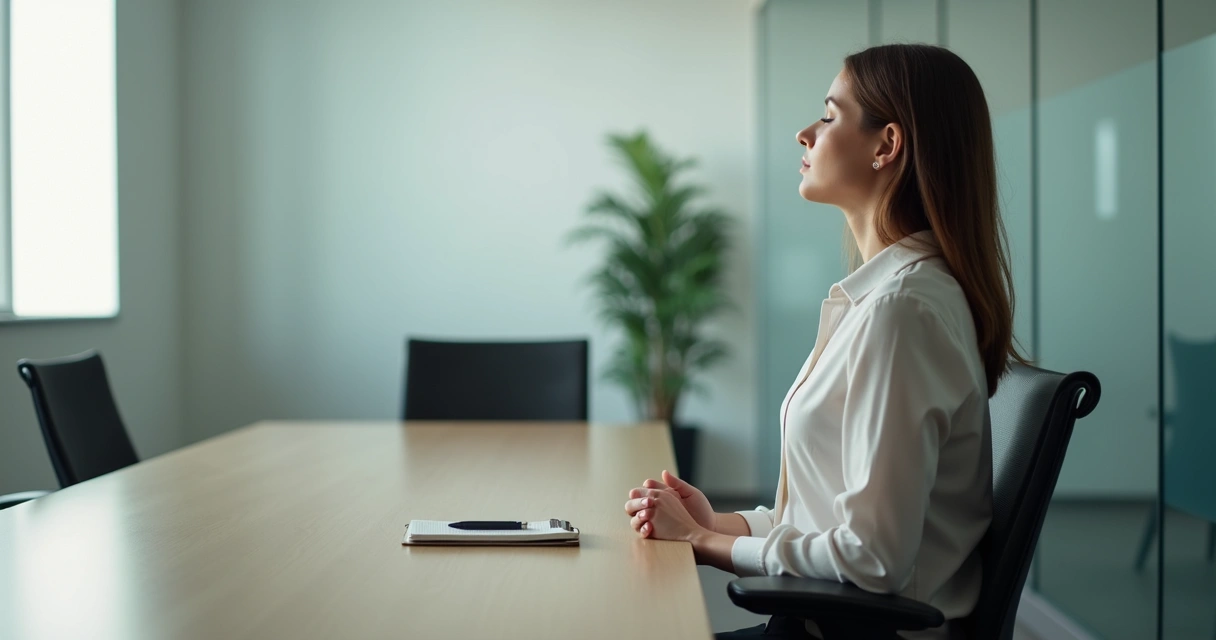Persona respirando en una sala antes de una reunión 