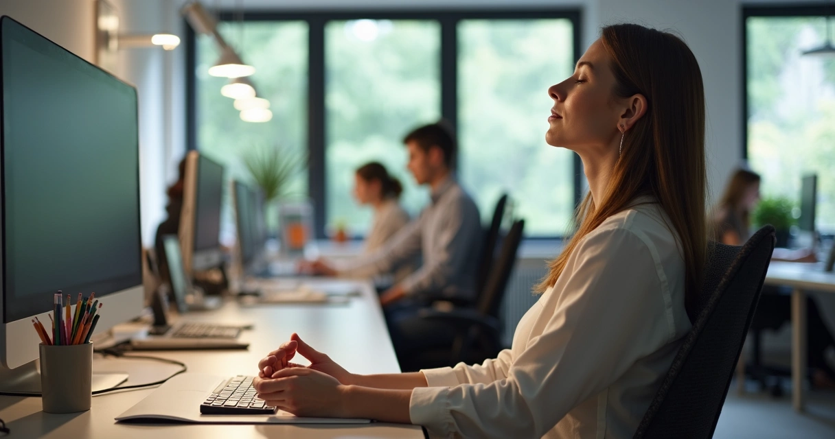 Persona sentada en una oficina, ojos cerrados, respirando de forma pausada 