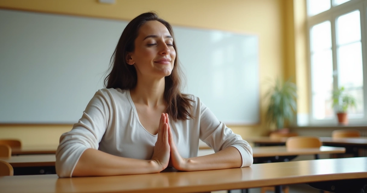 Educador en posición relajada haciendo ejercicio de respiración consciente en un aula 