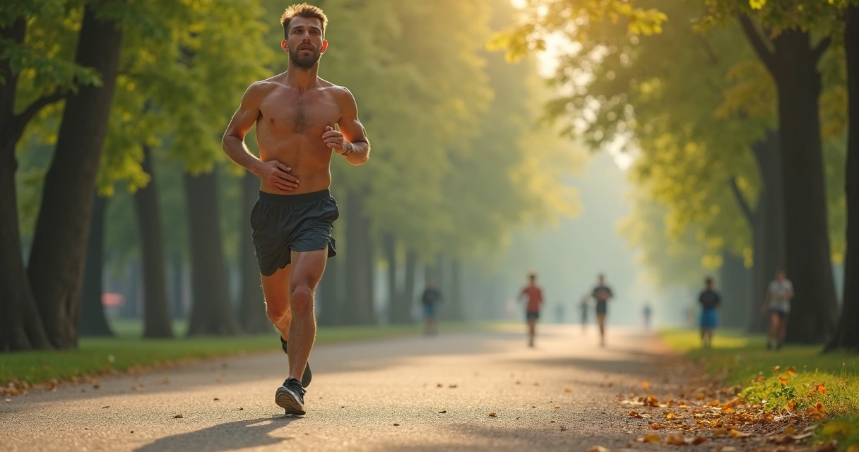 Persona corriendo en un parque y observando su respiración 
