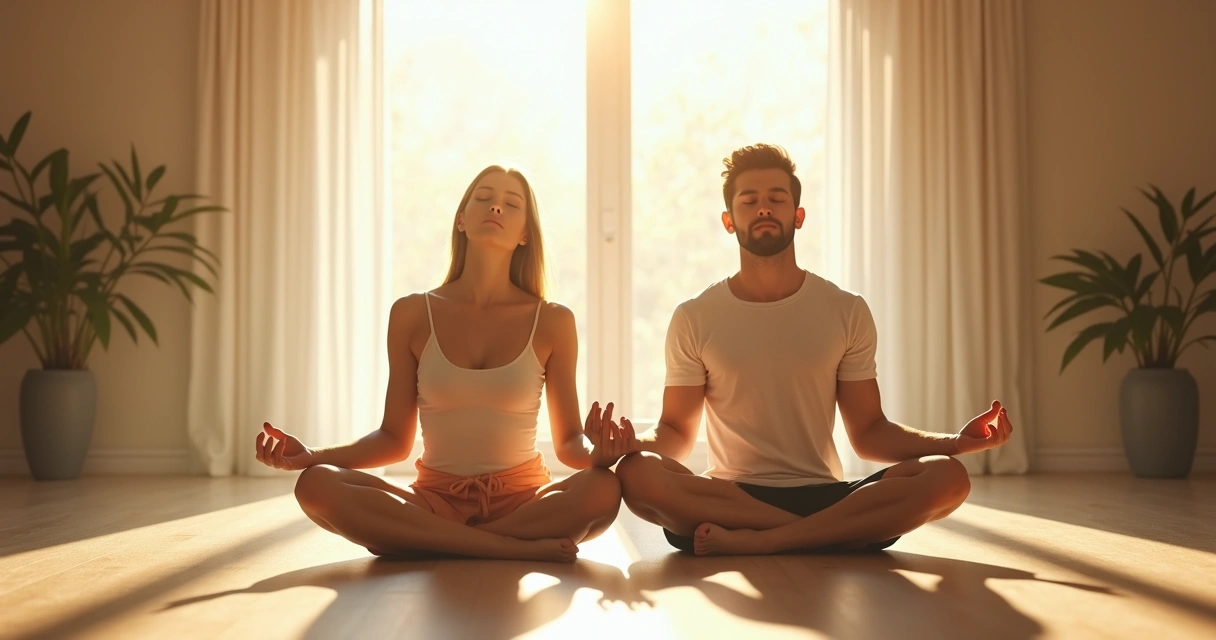 Pareja sentada en el suelo meditando juntos, ojos cerrados, manos sobre las piernas en gesto de calma, luz suave entrando por ventana al fondo. 