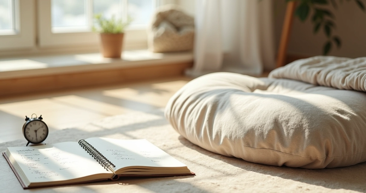 Cuaderno y temporizador junto a cojín de meditación en casa 