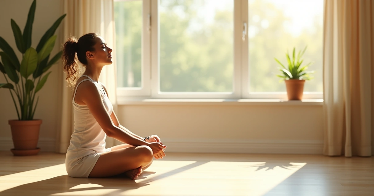 Persona sentada en postura relajada respirando en un espacio luminoso