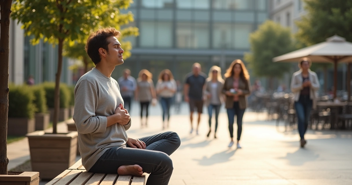 Persona respirando conscientemente sentada en un banco en una ciudad 