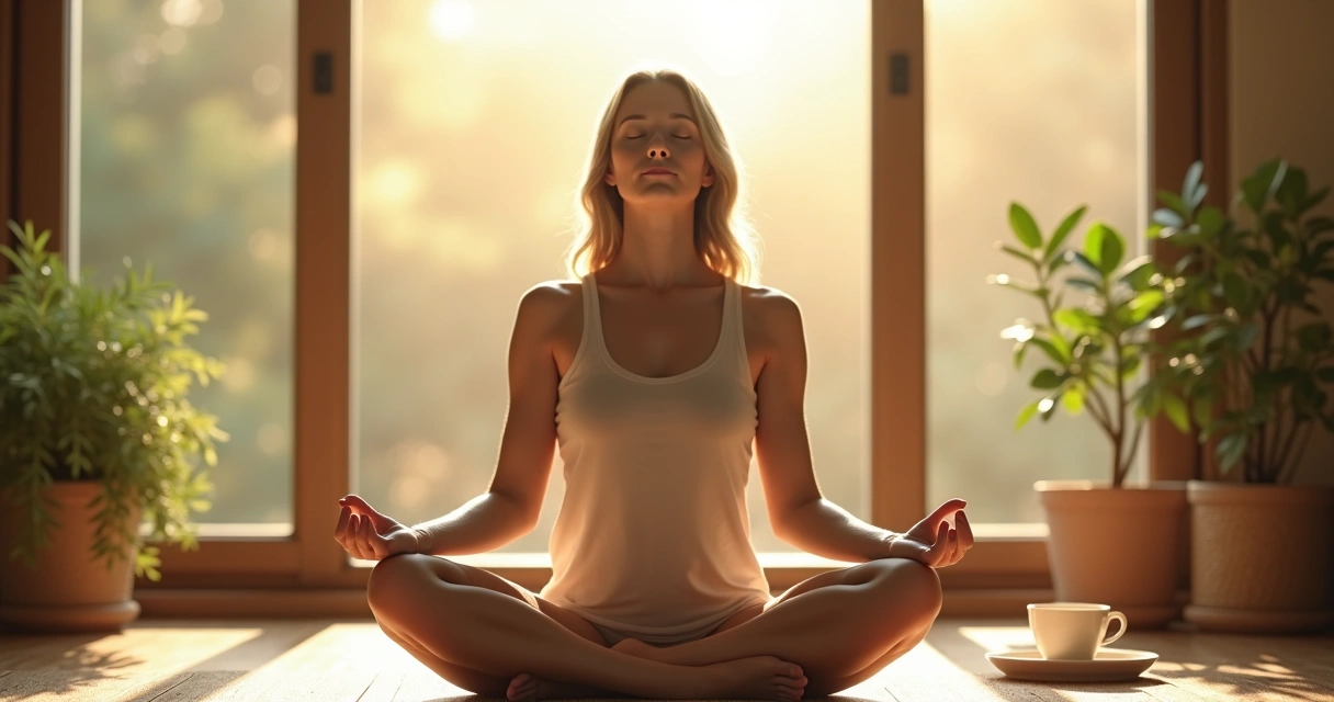 Mujer sentada en posición de loto con los ojos cerrados, respirando profundamente junto a una ventana. 