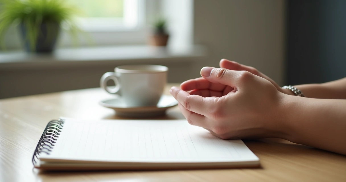 Manos en reposo sobre un escritorio durante una pausa consciente 