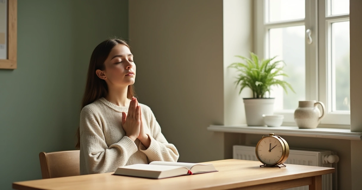 Persona sentada en un escritorio practicando respiración consciente con libreta y reloj