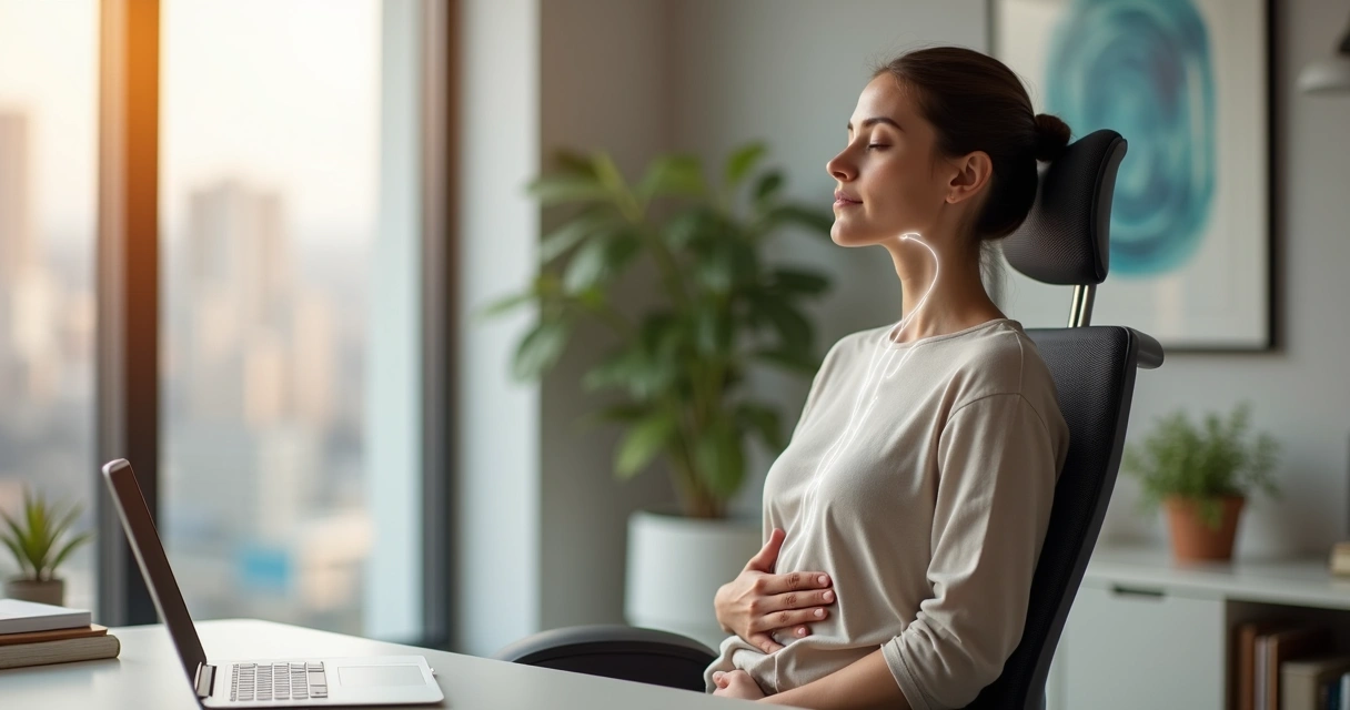 Persona sentada practicando respiración consciente en una oficina tranquila 