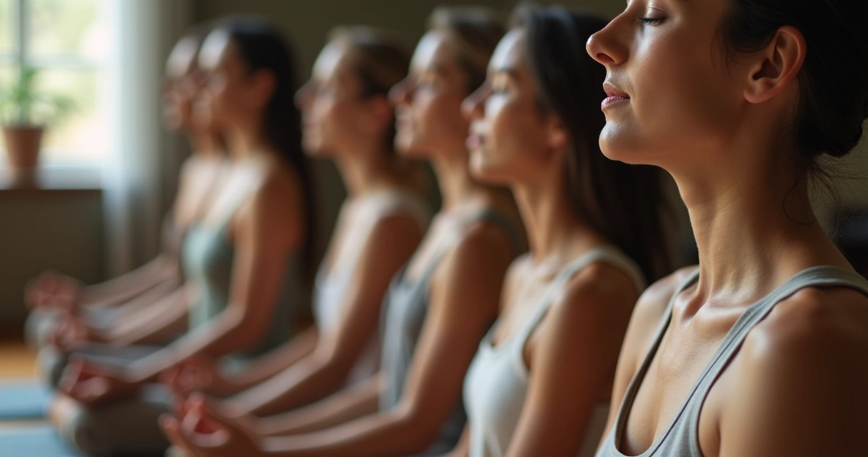 Personas practicando respiración consciente en meditación guiada